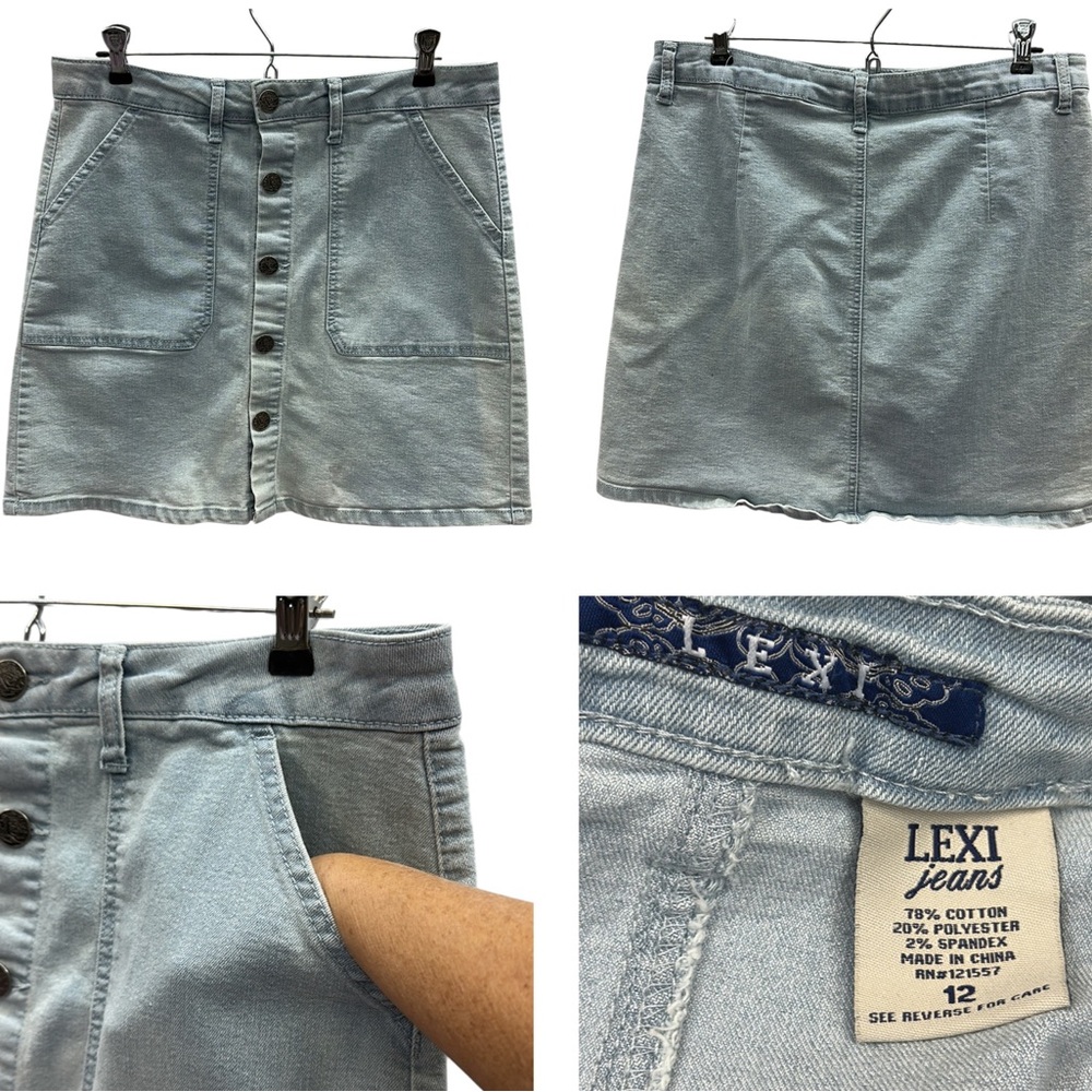 Lexi Button Front Perfect Fit Cotton Blend Stretch Denim Blue Jean Skirt 12